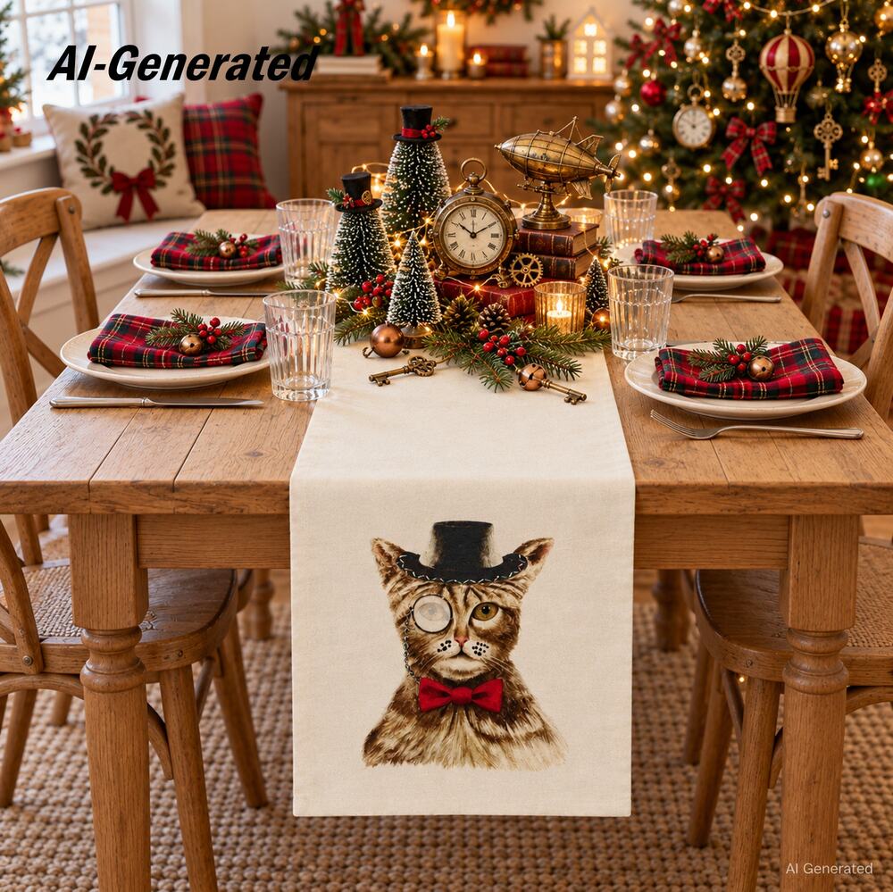 Domain Cat Table Runner 14x72 Cream Beaded Top Hat Monocle Red Bow Tie NWT
